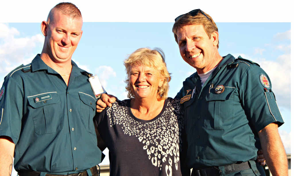 Queensland Ambulance Service’s Colin Salter and Jon Ferguson with Capella resident Diana Morris. Queensland Ambulance Service’s Colin Salter and Jon Ferguson with Capella resident Diana Morris.